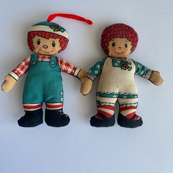Other - Pair Vintage Handmade Stuffed Raggedy Ann & Andy Fabric Christmas Ornaments